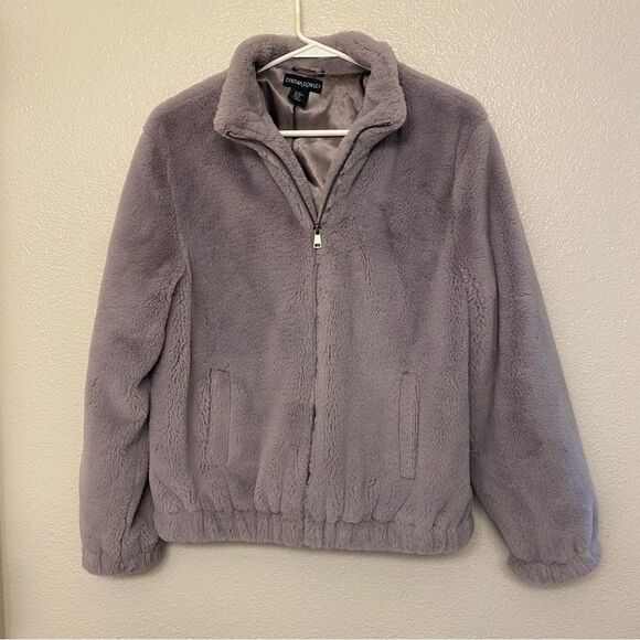 Cynthia Crowley faux fur jacket coat gray full zip bomber mobwife M - Picture 1 of 8